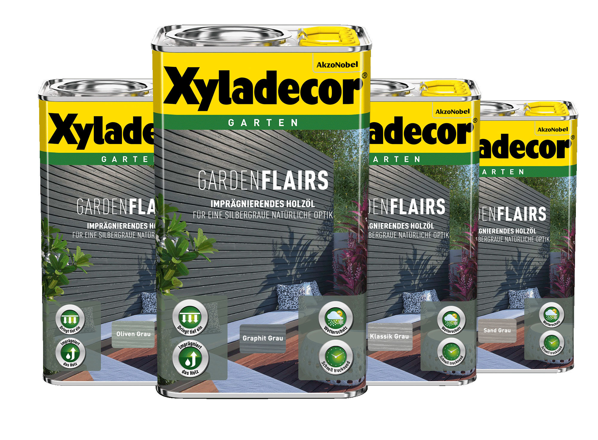 GardenFlairs - Holzöle in natürlichen Grautönen Xyladecor Holzöle für stimmungsvolle Gartenwohnwelten